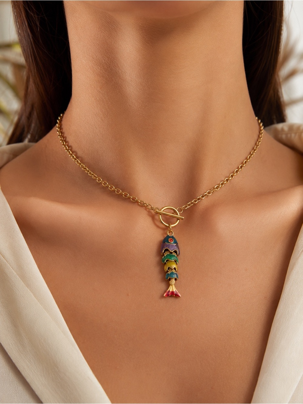 Multicolor Fish Pendant Toggle Necklace - Picture 2 of 3